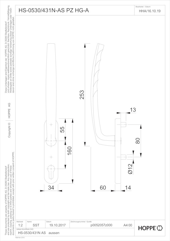 HOPPE® Handhebelgarnitur Atlanta HS-0530/431N-AS, ohne Schrauben, Aluminium, Profilzylinder gelocht