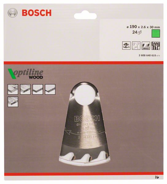 BOSCH Kreissägeblatt Optiline Wood für Handkreissägen, 190 x 30 x 2,6 mm, 24