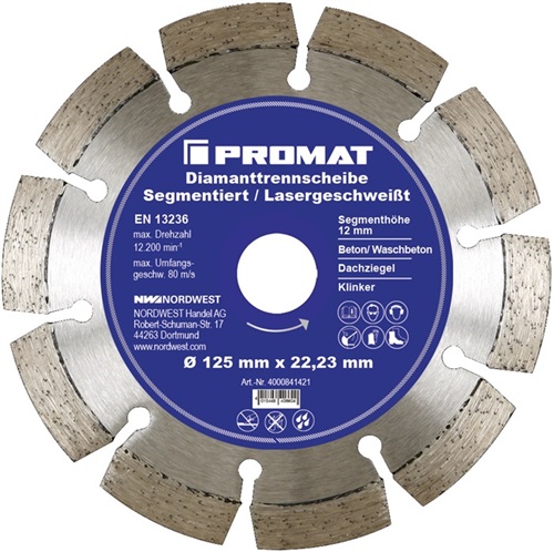 PROMAT Diamanttrennscheibe D.125mm Bohr.22,23mm lasergeschweißt 12mm PROMAT