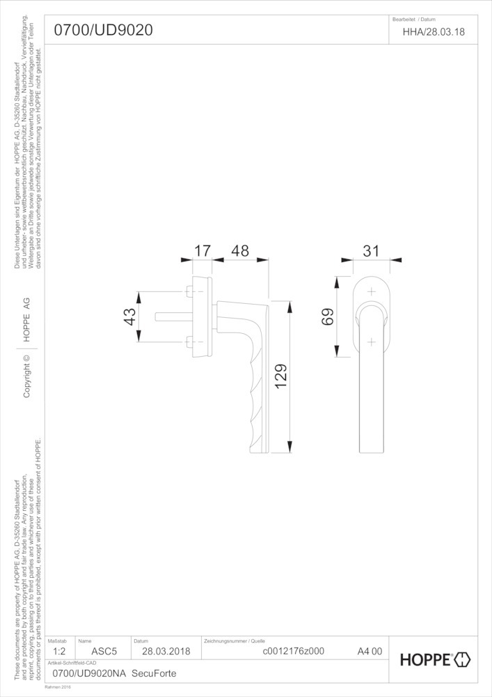 HOPPE® Fenstergriff Hamburg 0700/UD92020, mit Schrauben, Aluminium, 11696370