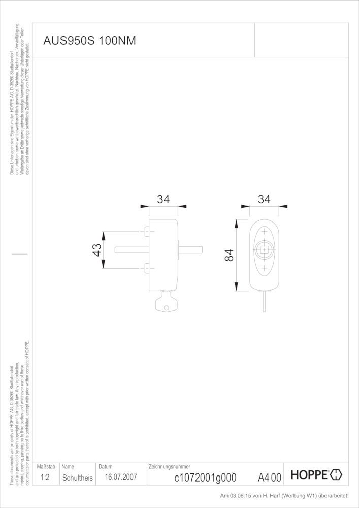HOPPE® Fenstergriffrosette abschliessbar AUS950S 100NM, Aluminium, 11954760 HOPPE® Fenstergriffrosette abschliessbar AUS950S 100NM, Aluminium, 11954760