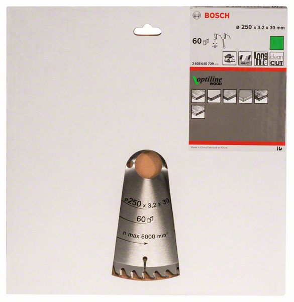 BOSCH Kreissägeblatt Optiline Wood für Handkreissägen, 250 x 30 x 3,2 mm, 60