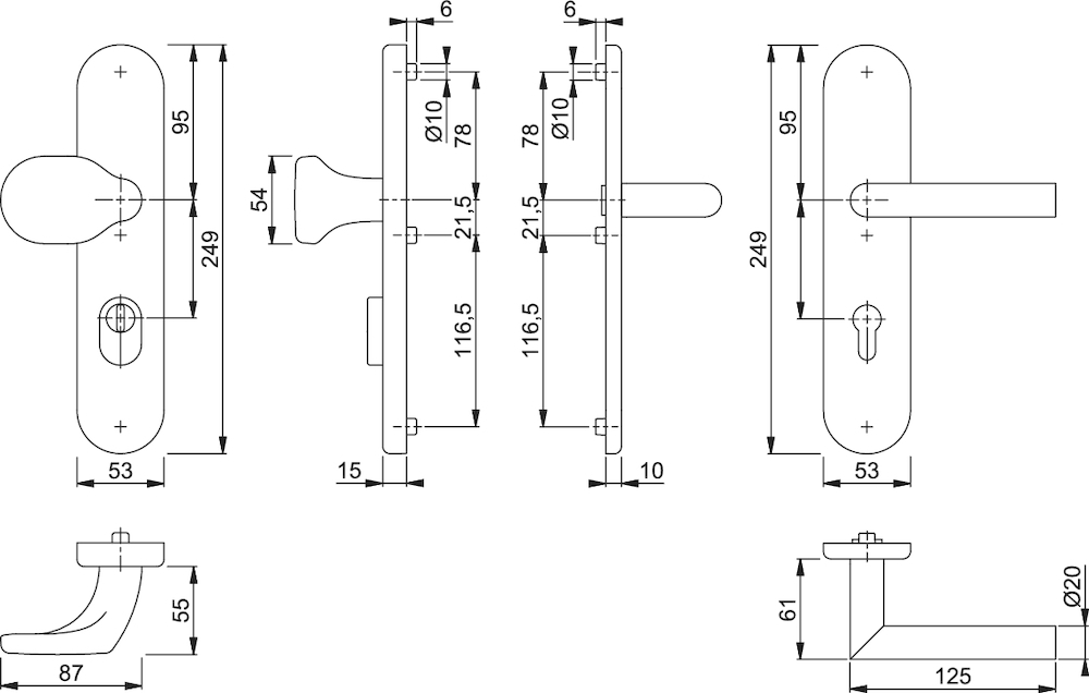 HOPPE® FH Schutz-Wechselgarnitur mit Langschild Amsterdam FS-E86G/3332ZA/3310/1400F, ES 2, Edelstahl, 10790579