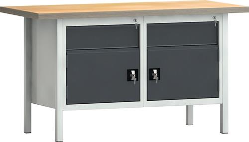 KLW-LUTZ BETRIEBSEINRICHTUNGEN Werkbank PW 700 B1500xT700xH840mm Buche Multiplex lichtgrau/grau 2 Schubl.2Türen