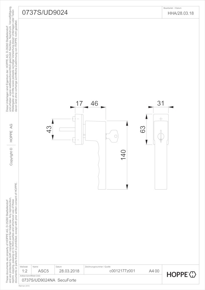 HOPPE® Fenstergriff absperrbar Toulon 0737S/UD9024, mit Schrauben, Aluminium, 11738042