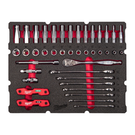 MILWAUKEE 55-teilige Einlage für PACKOUT Koffer mit Schubladen 3/8" Ratschen- u. Steckschlüsseleinsätze, Ratschen-Ringmaulschlüssel Einlage