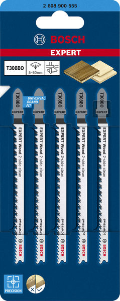 BOSCH EXPERT ‘Wood 2-side clean’ T 308 BO Stichsägeblatt, 5 Stück. Für Stichsägen