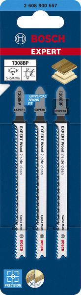 BOSCH EXPERT ‘Wood 2-side clean’ T 308 BP Stichsägeblatt, 3 Stück. Für Stichsägen