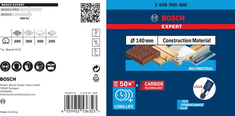 BOSCH EXPERT Construction Material Lochsäge, 140 x 60 mm. Für Dreh- und Schlagbohrer