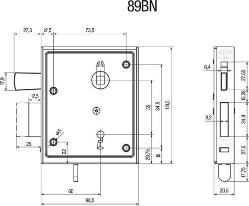 BEVER Universal-Kastenschloss DIN L/R BB hebende F 60mm BEVER