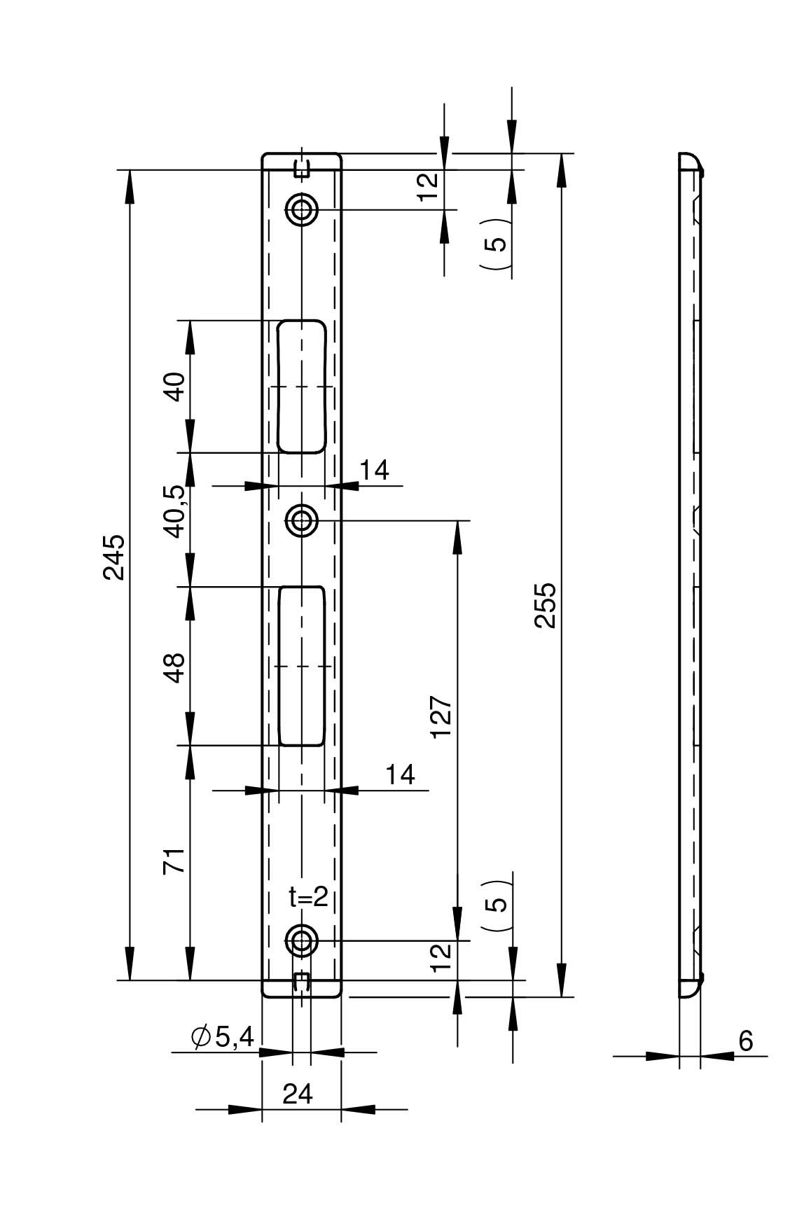 WILKA 9308 Schließblech für Rohrrahmentüren 24x6,3x2x245