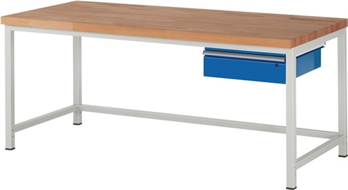 RAU Werkbank Classic B2000xT900xH840mm Buche massiv lichtgrau enzianblau 1Schubl.1BD
