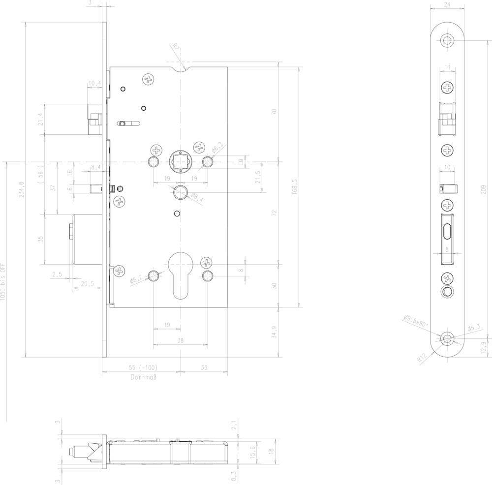 effeff Einsteckschloss (mechanisch) MEDIATOR® 609, Panik Funktion E, Schlosskastenhöhe 168,5 mm, Flachstulp, 1-flg., mit FS