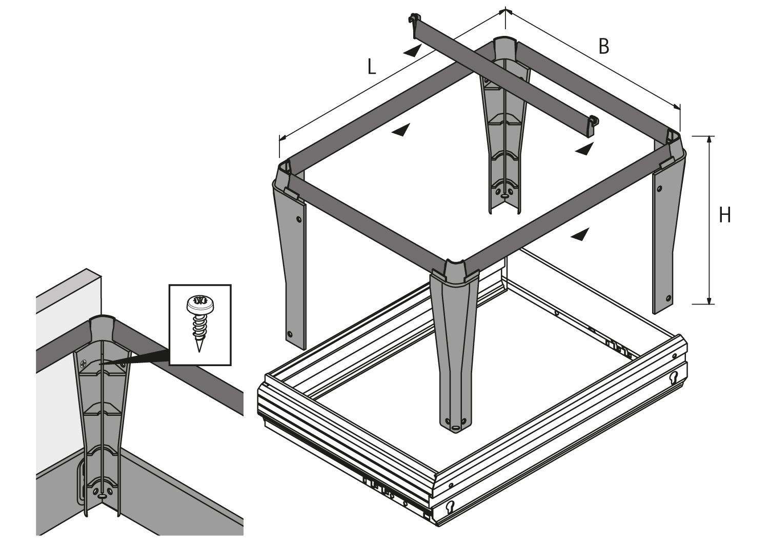 HETTICH Steckbarer Hängerahmen Schreibtischunterschrank, Aluminium Optik, 510x244x350 mm, 9039927