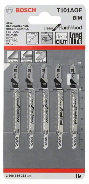 BOSCH Stichsägeblatt T 101 AOF Clean for Hard Wood, 5er-Pack