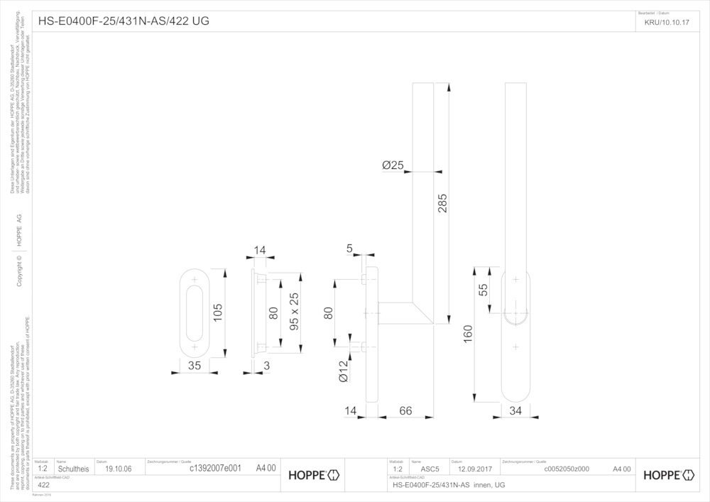 HOPPE® Handhebelgarnitur Amsterdam HS-E0400F-25/431N-AS/422, Edelstahl, 11622209