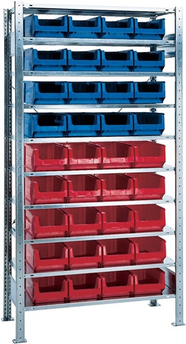 Nordwest Steckregal H2000xB1000xT400mm Grundregal 10 Stahlböden 16xMK3Z blau,20xMK3Z rot