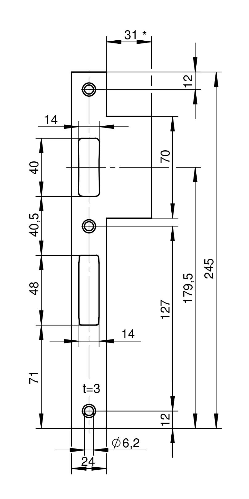 WILKA 9333 Schließblech für Rohrrahmentüren 24x3x245