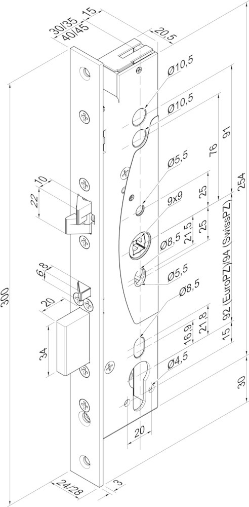 effeff Einsteckschloss (mechanisch) 309X, Schlosskastenhöhe 254, Rohrrahmen, Flachstulp, 1-flg., mit FS effeff Einsteckschloss (mechanisch) 309X, Schlosskastenhöhe 254, Rohrrahmen, Flachstulp, 1-flg., mit FS