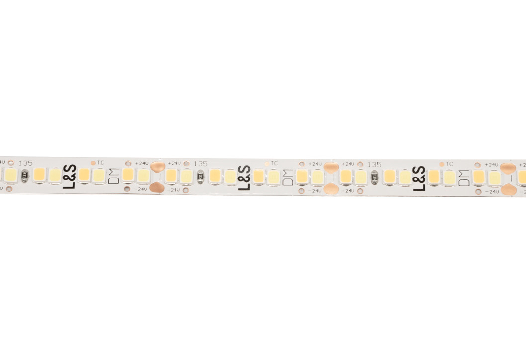 L&S LED-Band HE 112+112LEDs/m (2835), 2700-6500K, 4+4LEDs/35,7mm, 24DC, 9,8W/m, 8mmx5m, mit 2x. Anschlussltg. 2000mm, white PCB, IP20,