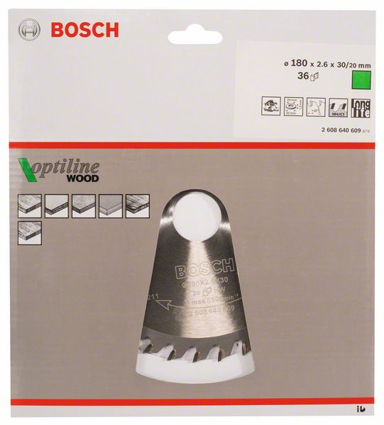 BOSCH Kreissägeblatt Optiline Wood für Handkreissägen, 180 x 30/20 x 2,6 mm, 36