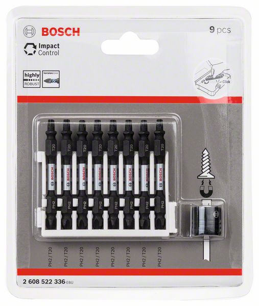 BOSCH Doppelklingenbit-Set Impact Control, 9-teilig, PH2-T20, 65 mm, Magnethülse