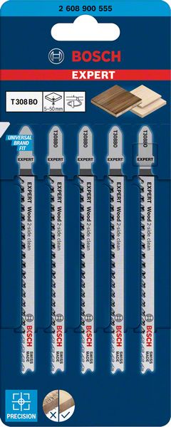 BOSCH EXPERT ‘Wood 2-side clean’ T 308 BO Stichsägeblatt, 5 Stück. Für Stichsägen