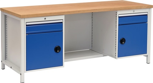 BEDRUNKA+HIRTH Werkbank signalblau lichtgrau B2000xH859xT750mm Buche Multipl.40mm 2 Schub.2 Tür