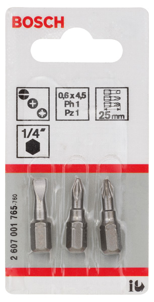 BOSCH Schrauberbit-Set Extra-Hart (gemischt), 3-teilig, S 0,6x4,5, PH1, PZ1, 25 mm