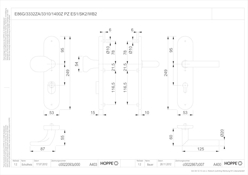 HOPPE® Schutz-Wechselgarnitur mit Langschild Amsterdam E86G/3332ZA/3310/1400Z, 10/92 mm, ES 1 (SK2), Edelstahl, 11727974