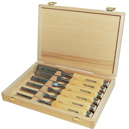 TECWERK Stechbeitelsatz 6,10,12,16,20,26mm Weißbuchenh.Ulmer Form 6-tlg.HO-Kasten TW