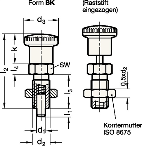 GANTER Rastbolzen GN 817 d1 6mm d2 M12 x 1,5mm l1 6mm Stahl,o.Rastsperre,m.Kontermutter