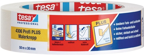 TESA Malerkreppband 4306 Profi PLUS leicht gekreppt hellbeige L.50m B.30mm Rl.TESA