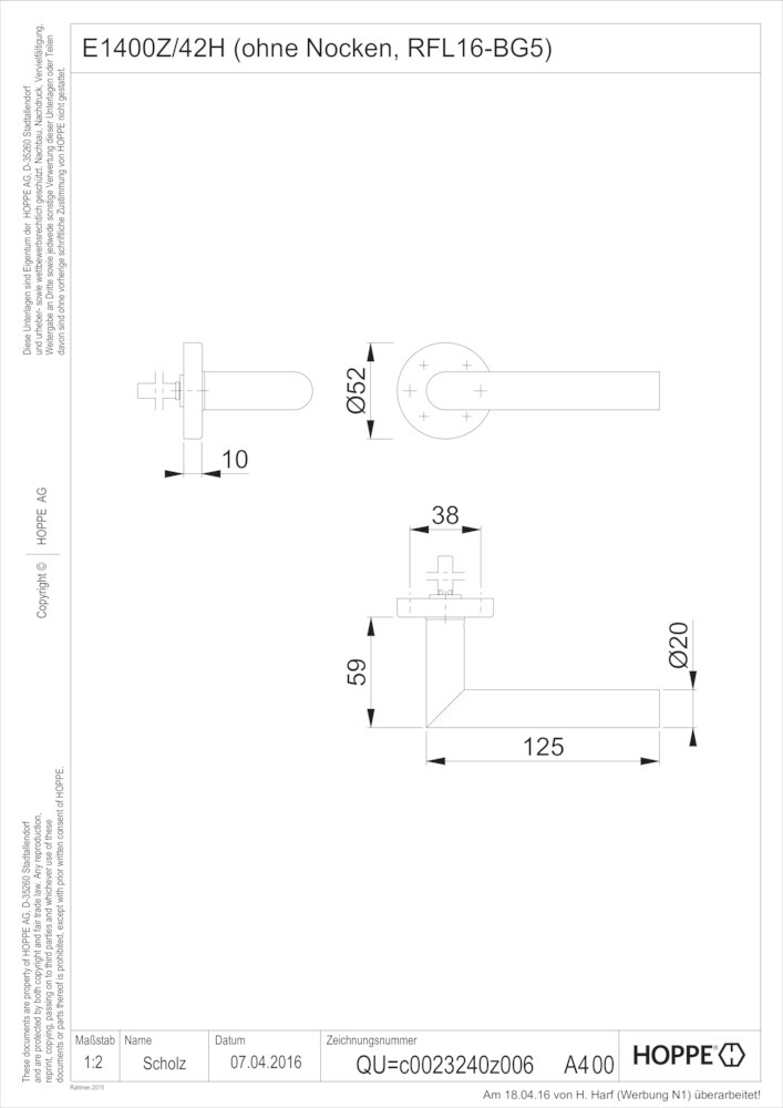 HOPPE® Drücker-Halbgarnitur ohne Schlüsselrosette Amsterdam E1400Z/42H, ohne Stütznocken, Edelstahl