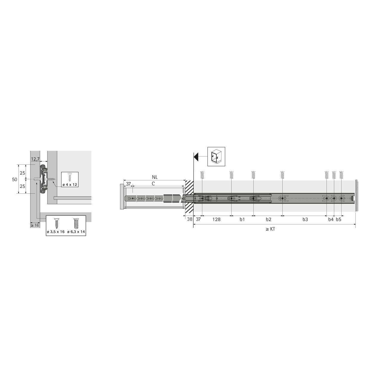 HETTICH Kugelauszug KA 4932, 12,7 mm Einbaubreite, 600 mm, 41364