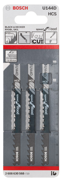 BOSCH Stichsägeblatt U 144 D Speed for Wood, 3er-Pack