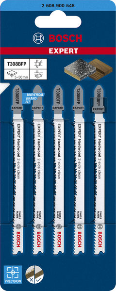 BOSCH EXPERT ‘Hardwood 2-side clean’ T 308 BFP Stichsägeblatt, 5 Stück. Für Stichsägen
