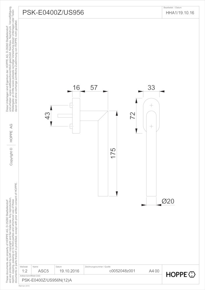 HOPPE® Griff Paris PSK-E0400Z/US956, mit VarioFit®, Aluminium, 11544405