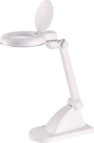 LED-Lupenleuchte Glaslinse 88,9mm (3,5Zoll) Standfuß weiß m.Abdeckung,rund.Kopf