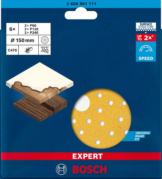 BOSCH EXPERT C470 Schleifpapier-Set für Exzenterschleifer, 150 mm, Mehrloch, G 60/120/240, 6-tlg.. Für Exzenterschleifer