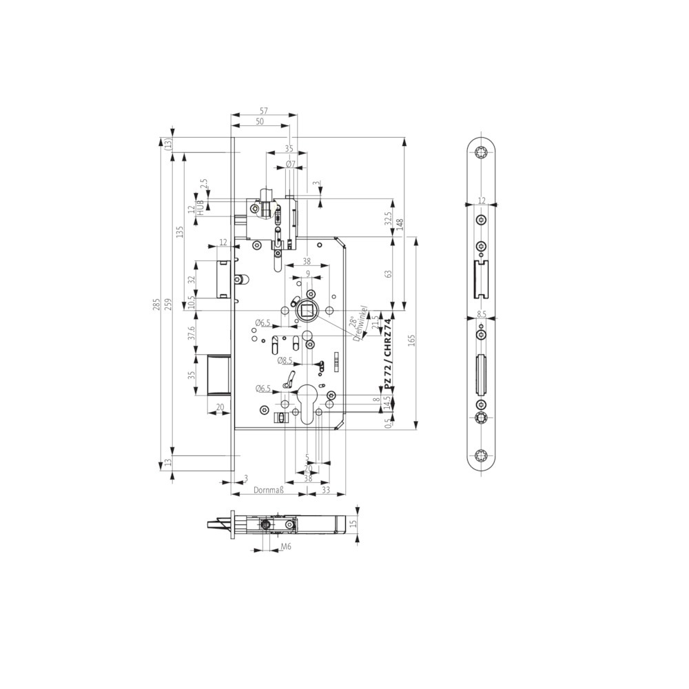 BKS FH-Einsteckschloss B-2338, rund, 9/72 mm, Edelstahl