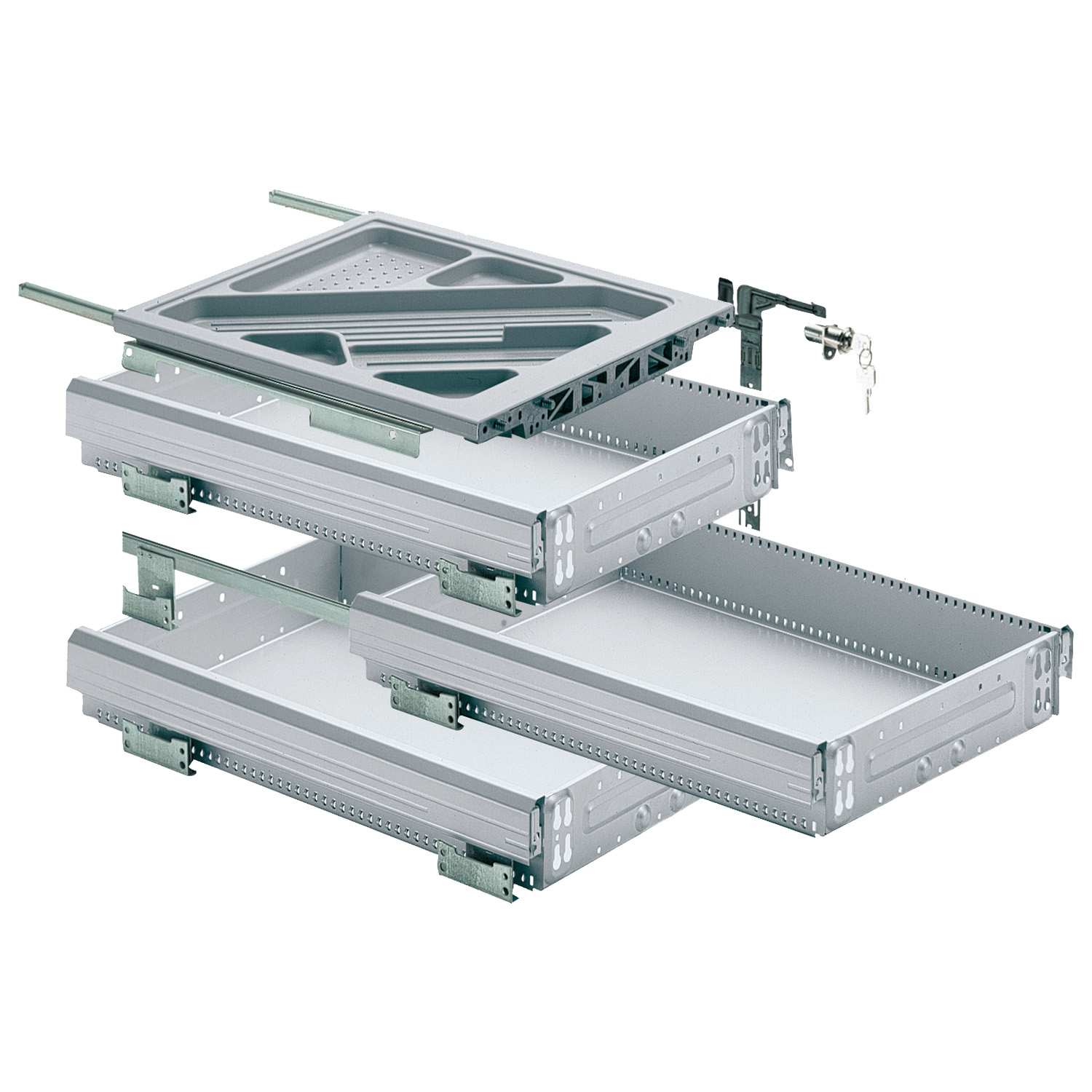 HETTICH Container-Set mit Teilauszügen, Push to open, 392 x 530, Aluminium Optik, 9111130