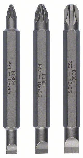 BOSCH Doppelklingenbit-Set, 3-teilig, S0,6x4,5, PZ1, S0,8x5,5, PZ2, S1,2x6,5, PZ3,60mm