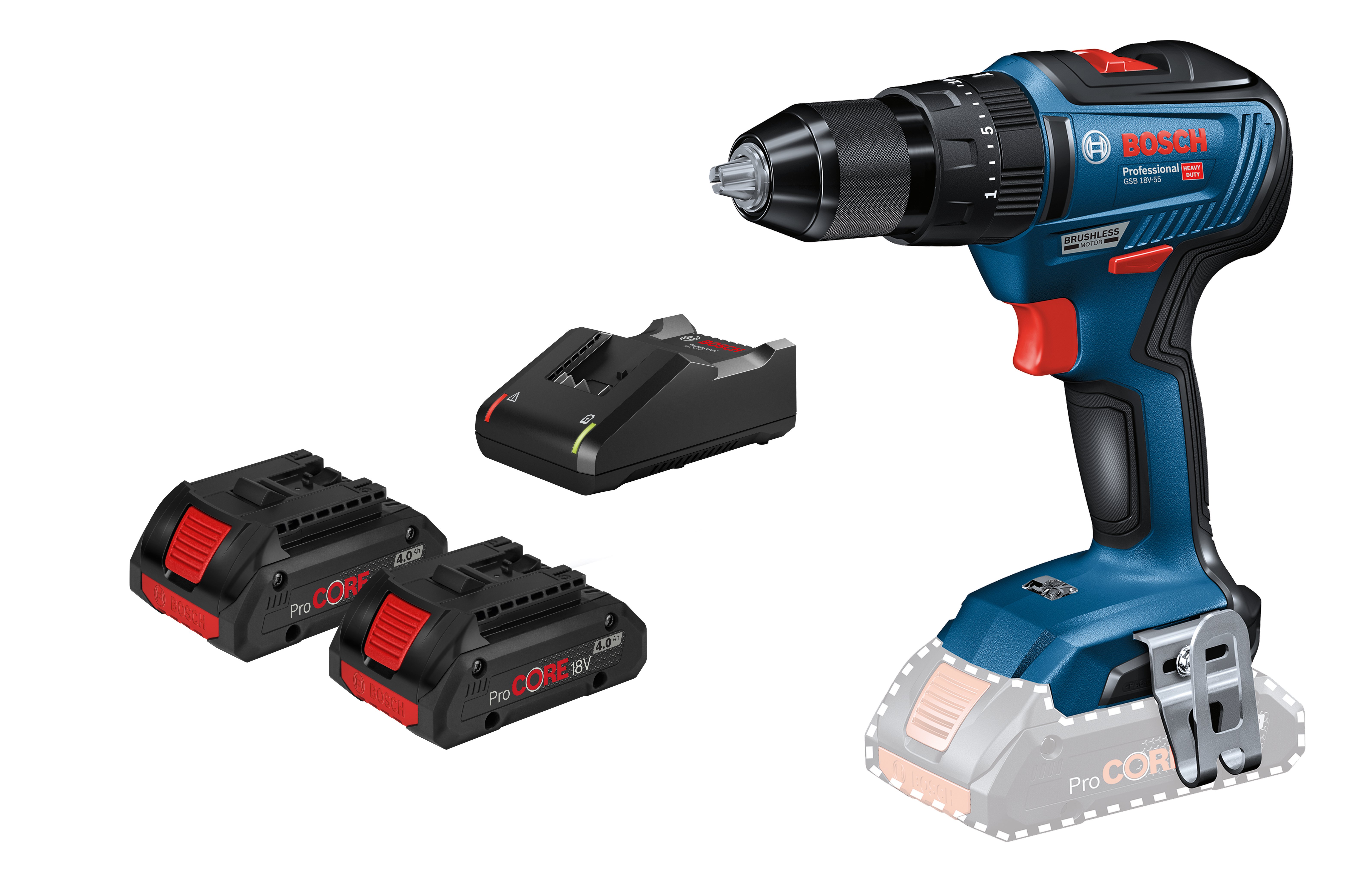BOSCH Akku-Schlagbohrschrauber GSB 18V-55, 2 Akku ProCORE18V, Schnellladege. GAL 18V-40 BOSCH Akku-Schlagbohrschrauber GSB 18V-55, 2 Akku ProCORE18V, Schnellladege. GAL 18V-40