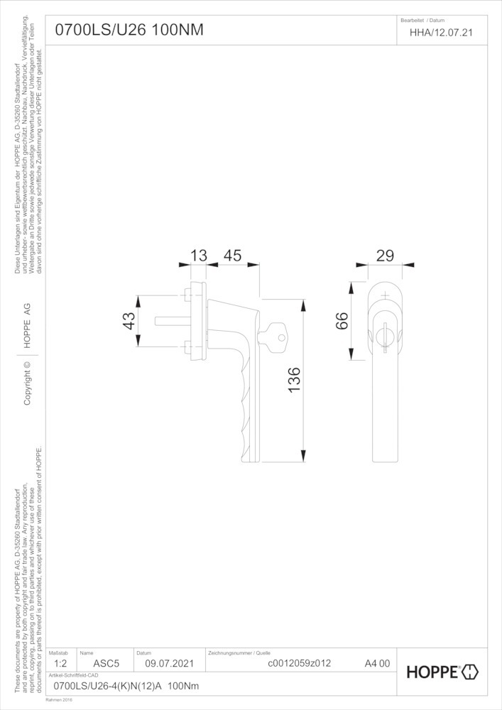 HOPPE® Fenstergriff abschließbar Hamburg 0700LS/U26 100NM, mit Schrauben, Aluminium, 11950250 HOPPE® Fenstergriff abschließbar Hamburg 0700LS/U26 100NM, mit Schrauben, Aluminium, 11950250