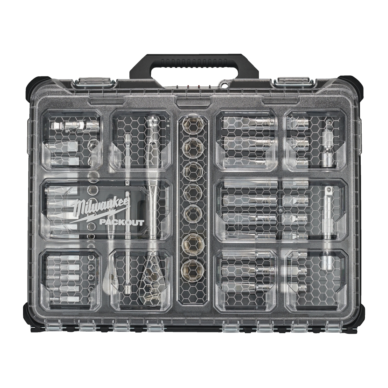 MILWAUKEE 63-teilig im PACKOUT Organiser Compact Ratschen- und Steckschlüsseleinsatz Set 1/4" und 1/2" metrisch und imperial