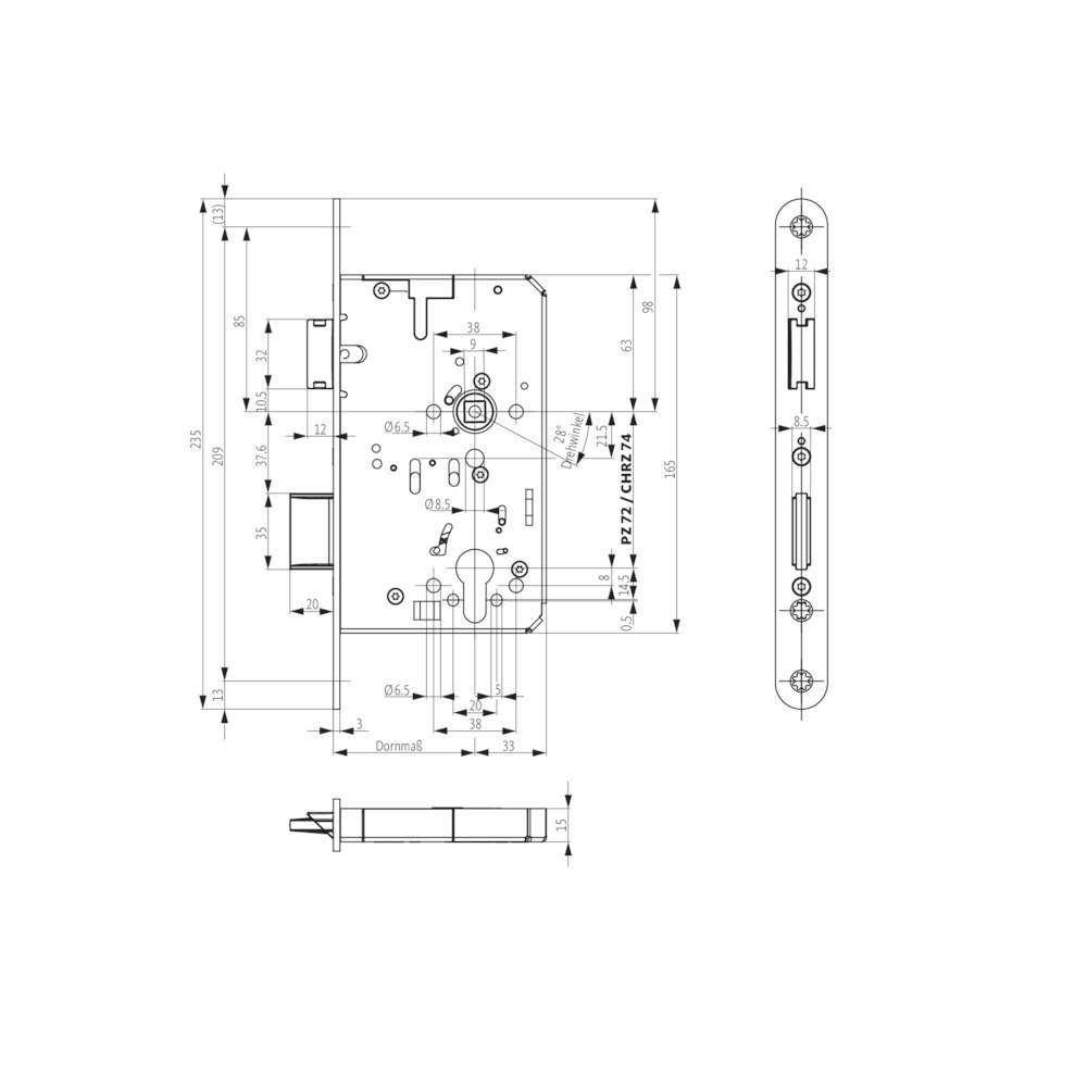 BKS Panik-Einsteckschloss für einflügelige Türe B-2324, rund, 9/74 mm, Edelstahl