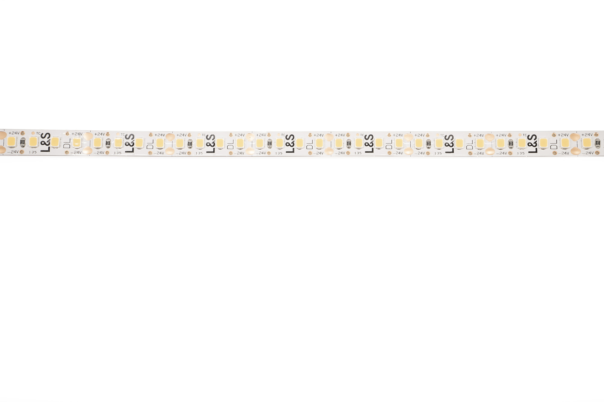 L&S LED-Band HE 160LEDs/m (2835), 3000K, 4 LEDs/25mm, 24DC, 8,6W/m, 8mmx5m, 2x Anschlussltg. 2000mm, white PCB, IP20