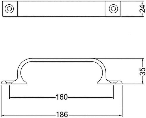 HERMETA Handgriff A.35mm L.186mm B.24mm Alu.silberf.elox.Löcher 2,D.5,3mm HERMETA