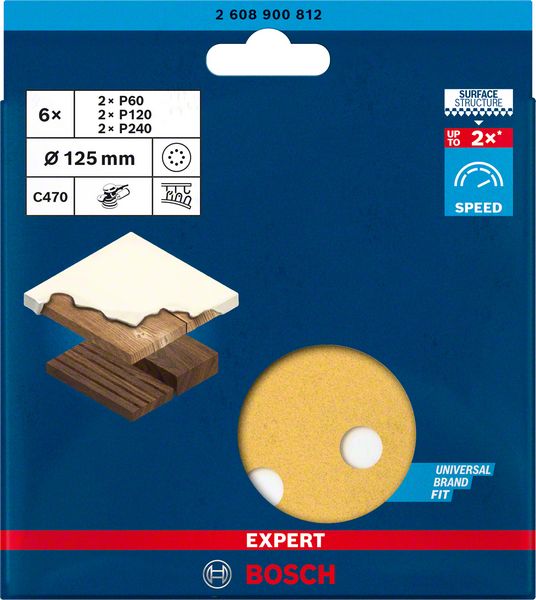 BOSCH EXPERT C470 Schleifpapier-Set für Exzenterschleifer, 125 mm, 8 Löcher, G 60/120/240, 6-tlg.. Für Exzenterschleifer